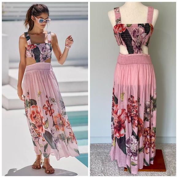 ANTHROPOLOGIE Piper Bandeau Cutout Maxi Dress in Pink Rose Motif OB1570574